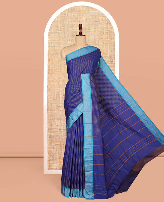 Royal Blue Aarani Gift Saree, Adorned with Plus-Shaped Buttas on Its Body, Complemented by a Contrast Striped Border, Subtle Striped Pallu, and Paired with a Matching Blouse
