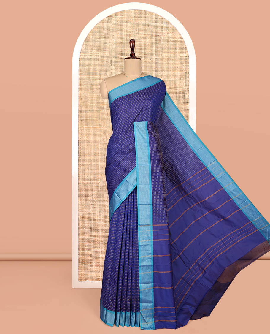 Royal Blue Aarani Gift Saree, Adorned with Plus-Shaped Buttas on Its Body, Complemented by a Contrast Striped Border, Subtle Striped Pallu, and Paired with a Matching Blouse