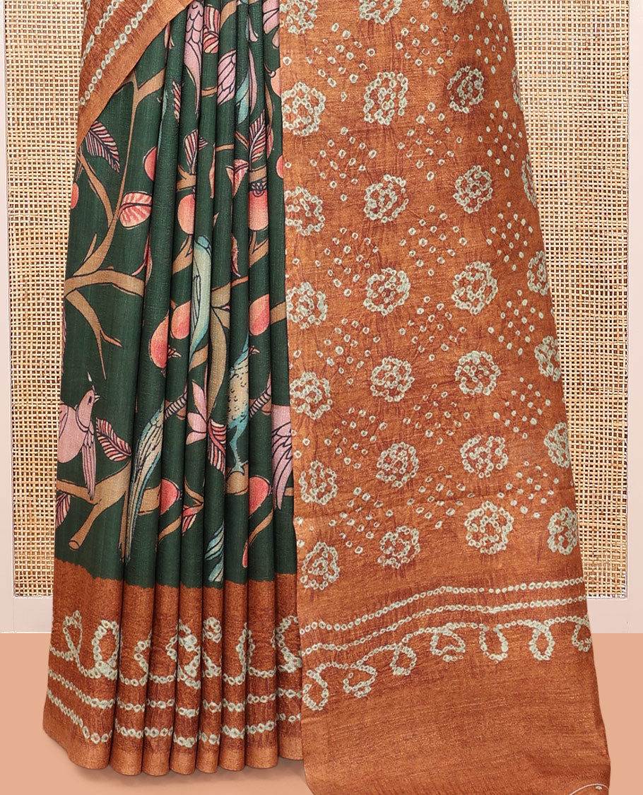 Green Fancy Tussar Saree Features Kalamkari Floral and Animal Print, Contrast Bandhani Border, Bandhani Pallu, and a Contrast Blouse