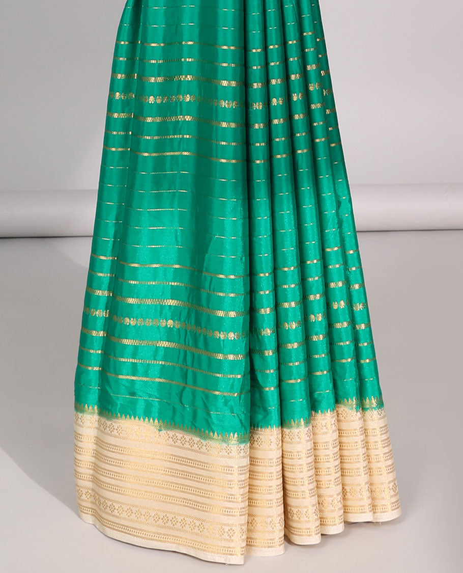 Green striped design  mysore silk saree with contrast zari border & rajasthan theme printed pallu