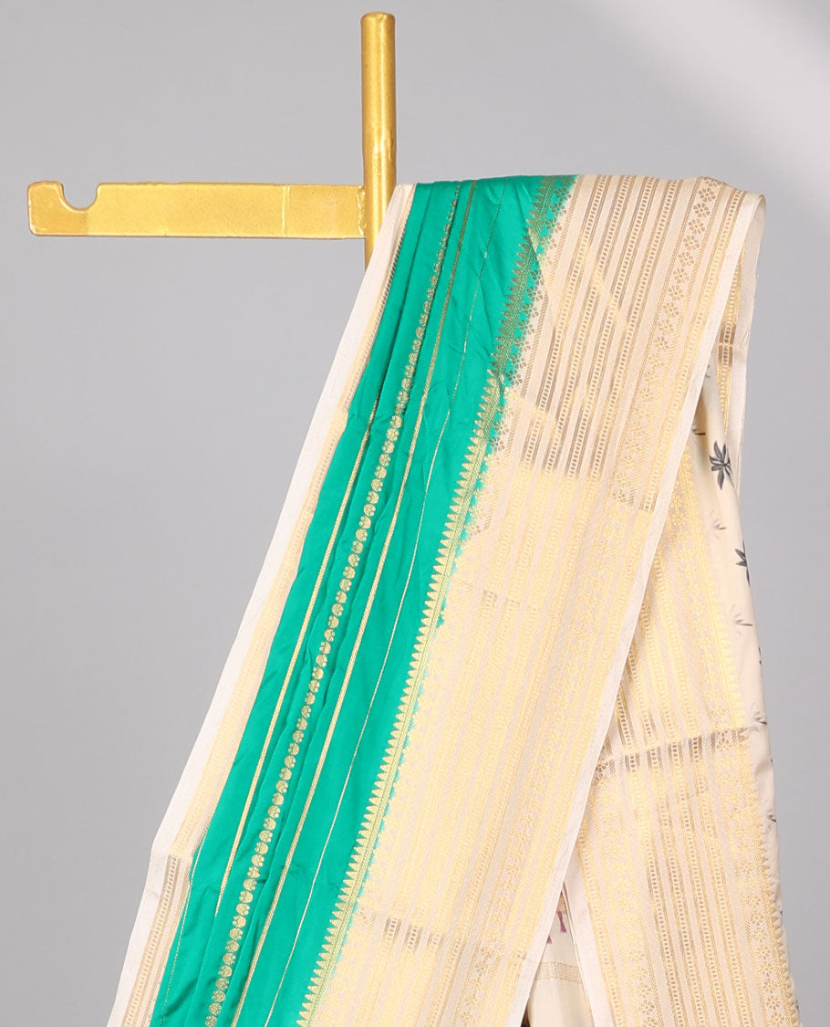 Green striped design  mysore silk saree with contrast zari border & rajasthan theme printed pallu