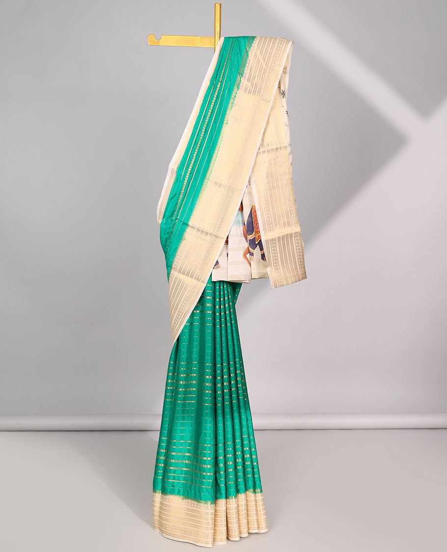 Green striped design  mysore silk saree with contrast zari border & rajasthan theme printed pallu
