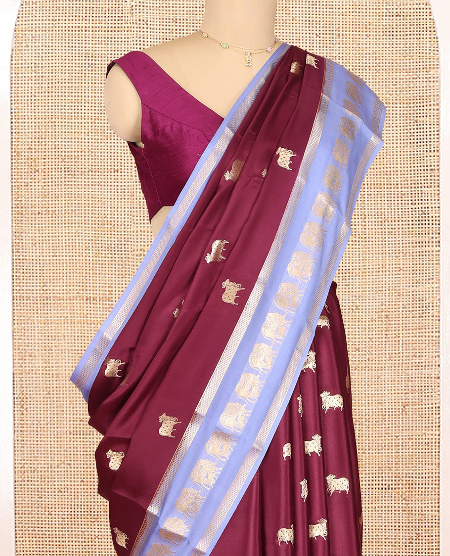 Maroon Mysore Silk Saree Features Pichwai Cow Buttas, Contrast Pichwai Cow Zari Border, a Pichwai Cow Pallu, and a Contrast Blouse