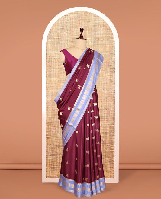 Maroon Mysore Silk Saree Features Pichwai Cow Buttas, Contrast Pichwai Cow Zari Border, a Pichwai Cow Pallu, and a Contrast Blouse