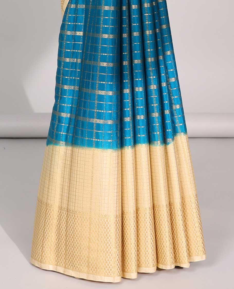 Blue striped design art mysore silk saree with contrast zari border & peacock design pallu