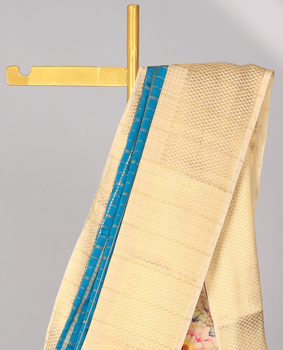 Blue striped design art mysore silk saree with contrast zari border & peacock design pallu
