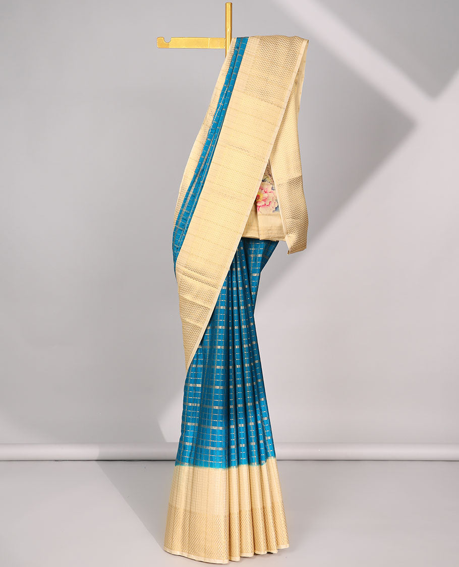 Blue striped design art mysore silk saree with contrast zari border & peacock design pallu