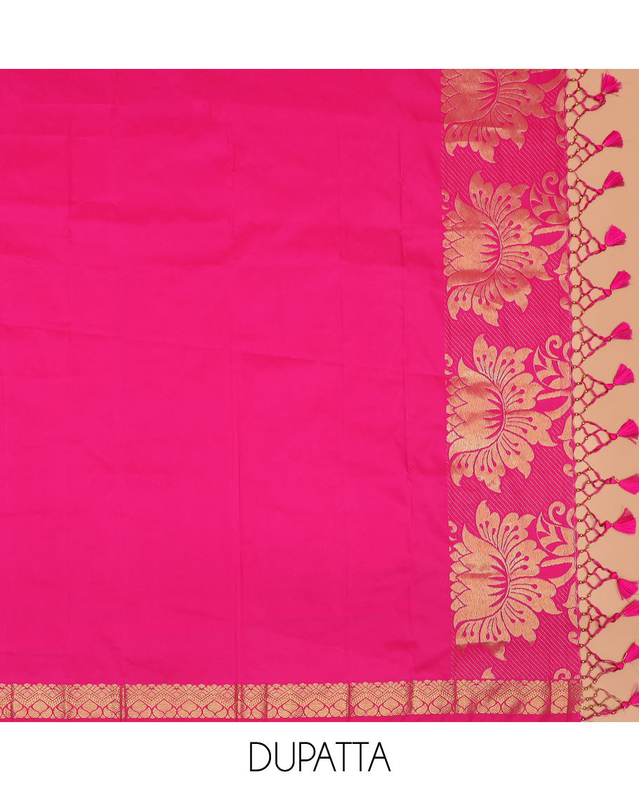 Yellow butta enclosed checked art silk half-saree, contrast traditional zari bordered skirt, contrast jacquard blouse and a contrast floral design dhavani