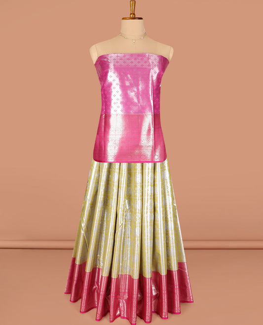 Yellow butta enclosed checked art silk half-saree, contrast traditional zari bordered skirt, contrast jacquard blouse and a contrast floral design dhavani