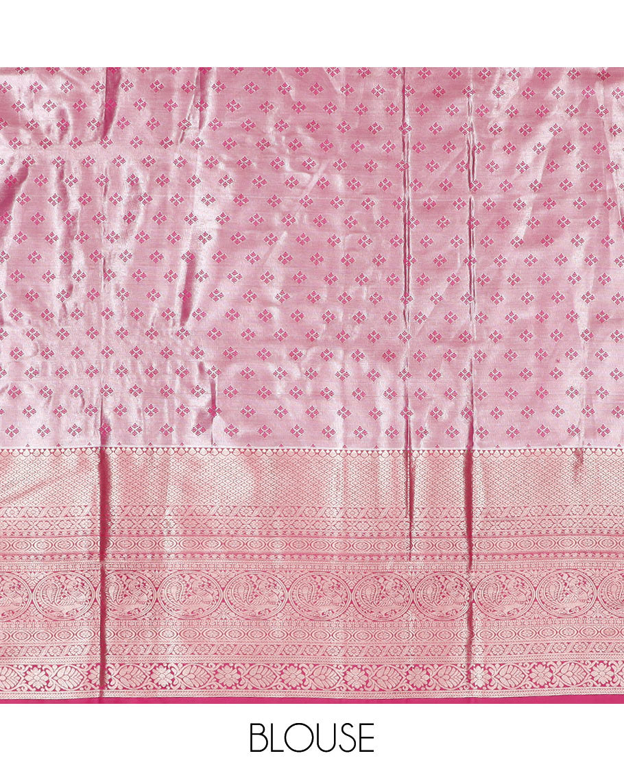 Yellow butta enclosed checked art silk half-saree, contrast traditional zari bordered skirt, contrast jacquard blouse and a contrast floral design dhavani