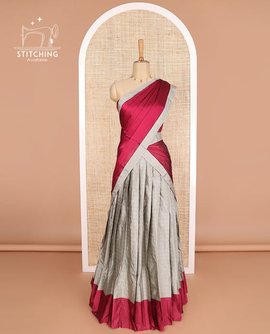 Beige checked poly-cotton half saree with contrast border, plain blouse & plain, checked border dhavani