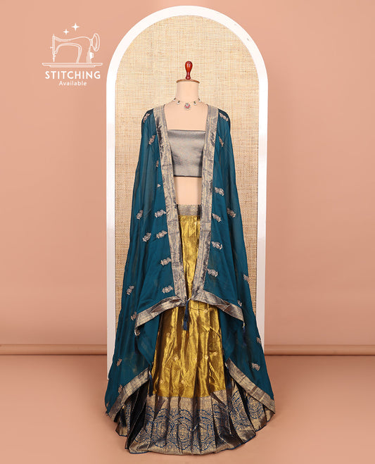 Gold-peacock blue zari buttas half-saree with contrast intricate Mughal motifs woven bordered skirt, brocade blouse, and a zari design dhavani