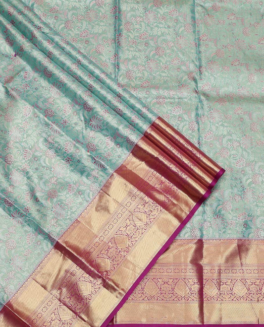 Blue Art Silk Material Half Saree Set, Richly Detailed with Floral-Theme Jacquard Design Skirt, a Contrast Traditional Zari Design Border, Contrast Zari-Jacquard Blouse, and a Dhavani of Floral Designs