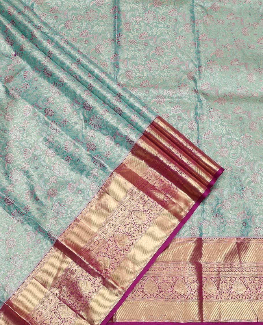 Blue Art Silk Material Half Saree Set, Richly Detailed with Floral-Theme Jacquard Design Skirt, a Contrast Traditional Zari Design Border, Contrast Zari-Jacquard Blouse, and a Dhavani of Floral Designs