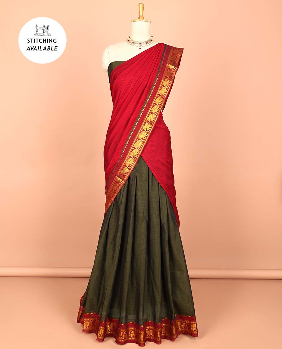 Blue cotton half saree with contrast zari border, plain blouse & plain with zari border dhavani