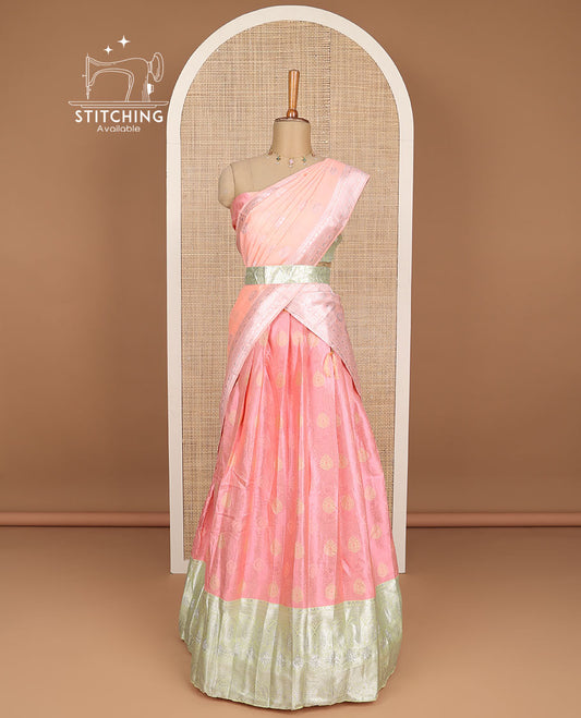 Peach floral design half saree with contrast zari design border , zari design blouse & floral zari design dhavani