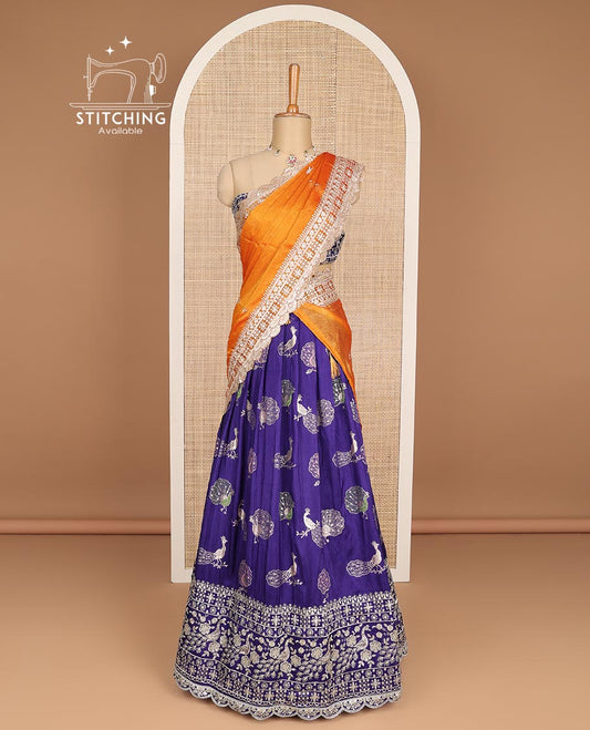 Blue peacocok buttas embroidery tissue half saree with self embroidery border, zari design blouse & floral vine design dhavani