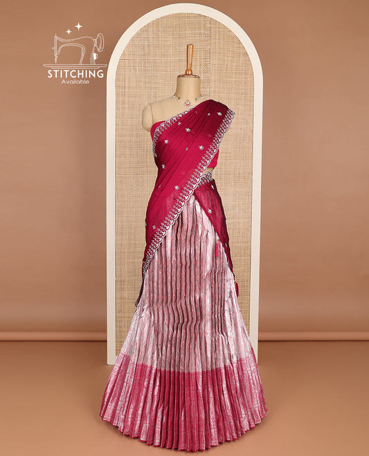 Red floral jacquard half saree with contrast intricate zari border, embroidered blouse & floral embroidery scallop border dhavani