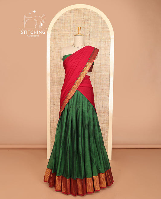 Green cotton half saree with self zari design border, zari design blouse & plain, temple, checked design border dhavani