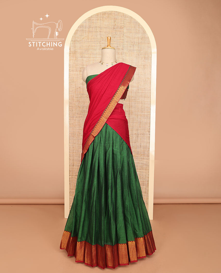 Green cotton half saree with self zari design border, zari design blouse & plain, temple, checked design border dhavani