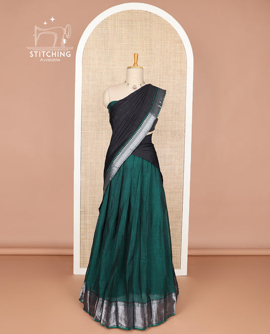 Green cotton half saree with contrast zari design border, zari design blouse & plain, zari design border dhavani