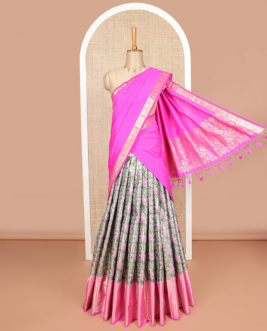 Dark green floral jacquard design art silk half saree with contrast intricate zari design border, zari design blouse & floral design dhavani