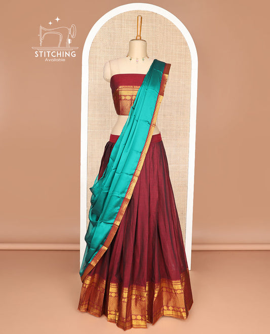 Red cotton half saree with checked, temple border, zari design blouse & zari design border dhavani