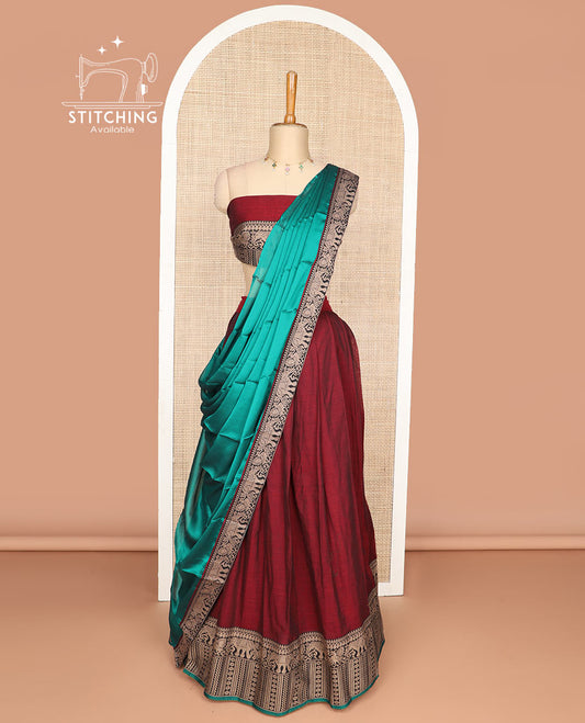 Red cotton half saree with contrast elephant design border,elephant design blouse & elephant design border dhavani