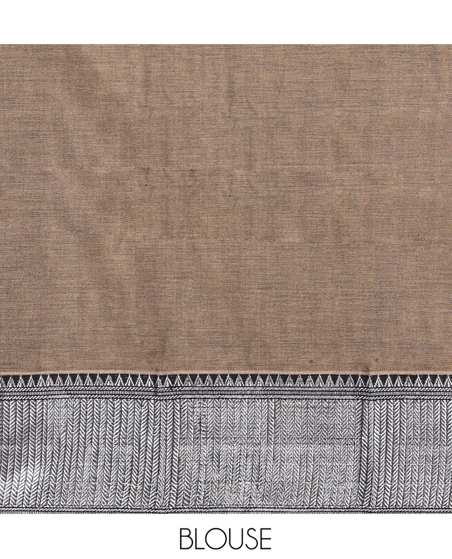 Pale Brown Cotton Half-Saree Featuring Plain Skirt, Complemented by Contrast Traditional Zari Design Border, Paired with a Matching Blouse, and Contrast Zari-Bordered Dhavani