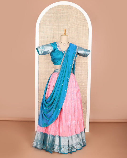 Pink floral jaal design art silk half saree with contrast zari design border, embroidered blouse & floral embroidery dhavani