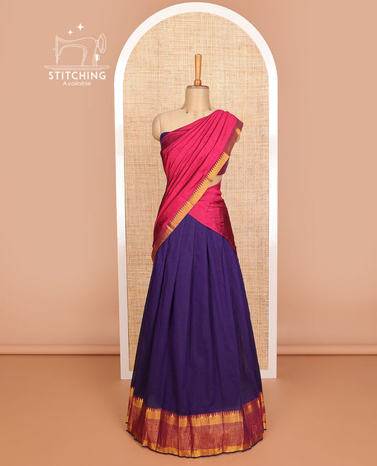 Purple cotton half saree with contrast traditional zari design border, zari design blouse & plain, zari design border dhavani