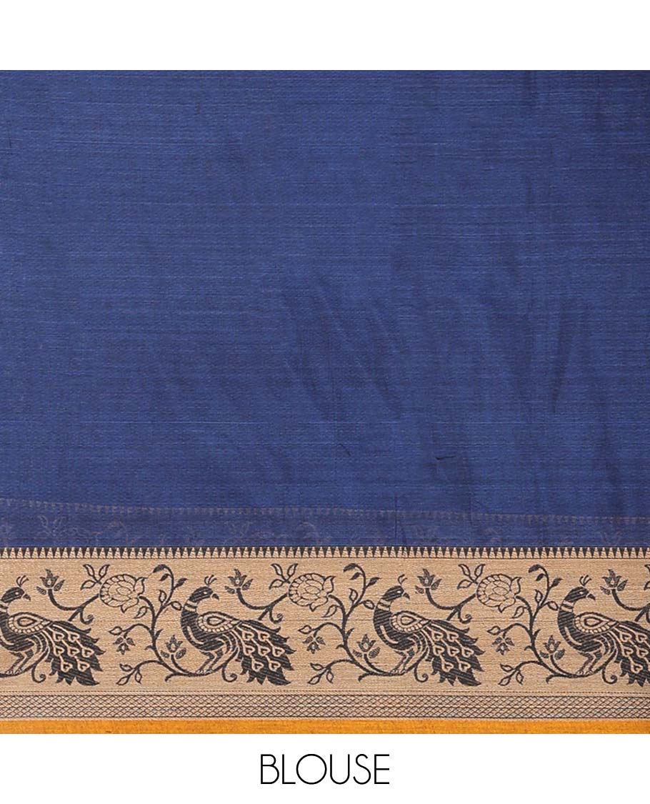 Dark blue cotton half saree with contrast peacock motifs border, peacock design blouse & peacock design border dhavani