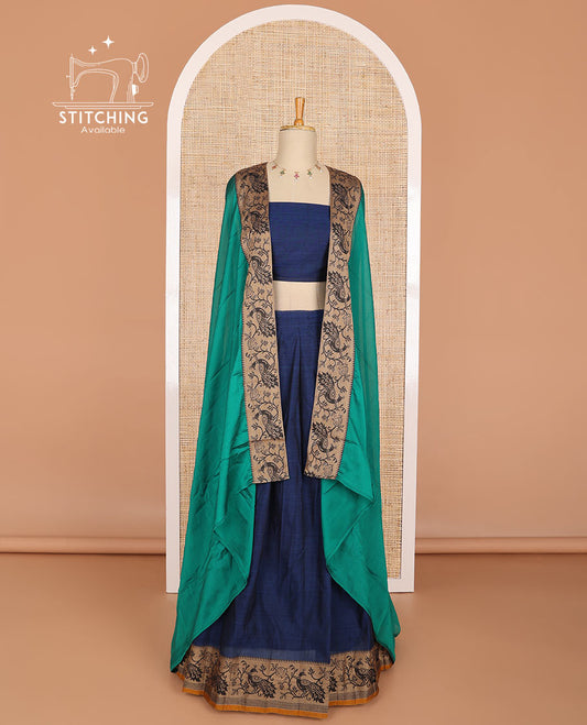 Dark blue cotton half saree with contrast peacock motifs border, peacock design blouse & peacock design border dhavani