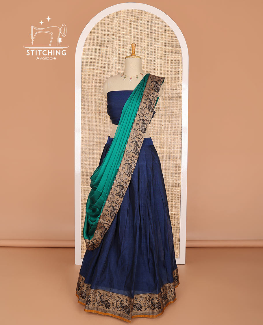 Dark blue cotton half saree with contrast peacock motifs border, peacock design blouse & peacock design border dhavani
