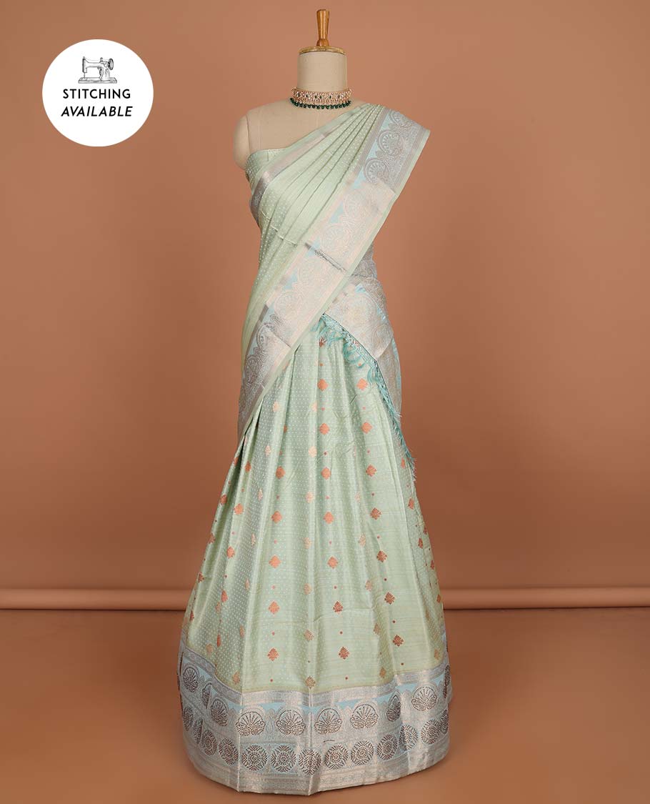 Green floral buttas half sare with contrast zari border, zari design blouse & intricate zari design dhavani