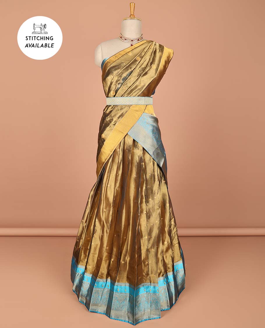 Gold floral buttas half saree with contrast zari border, zari design blouse & floral buttas dhavani