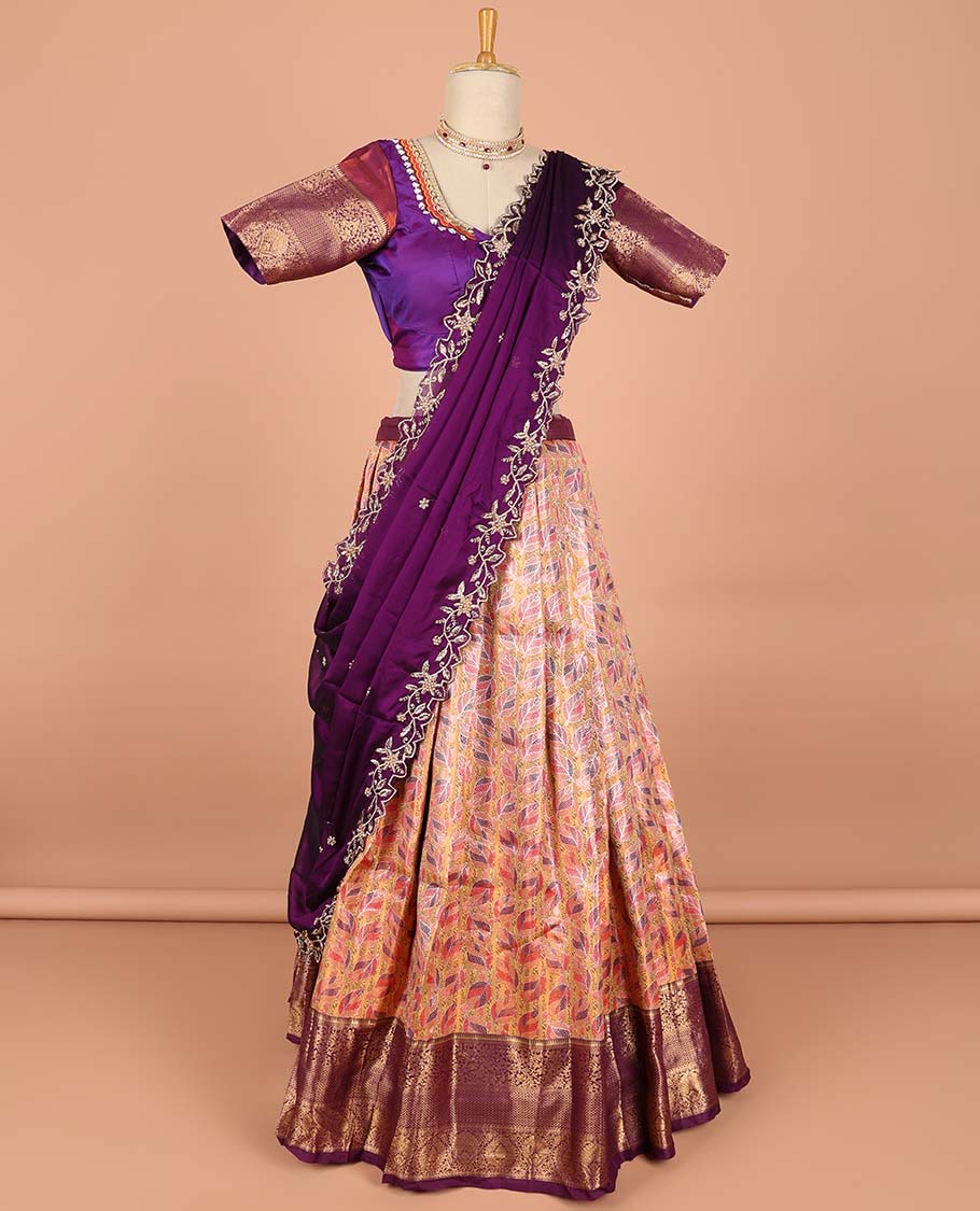 Multi-color floral jacquard semi-stitched half saree with contrast zari border,  embroidered blouse & scallop border dhavani