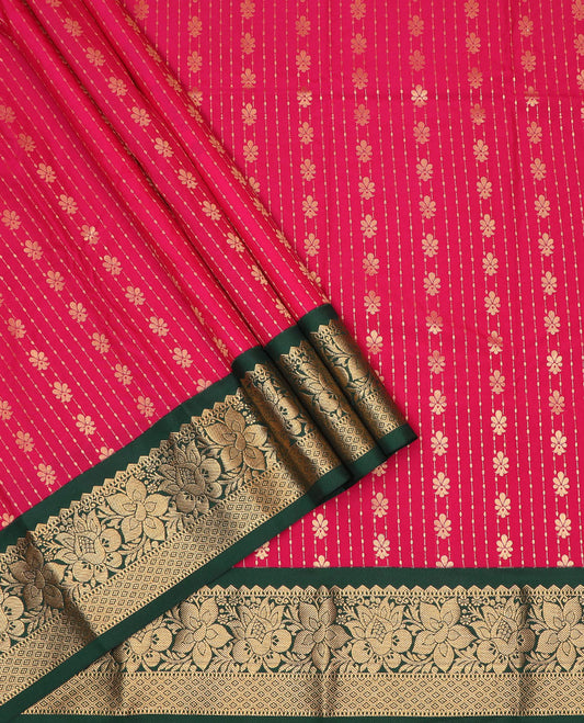Apple Red art silk pavadai material set, zari design woven pavadai, contrast blouse & traditional zari border