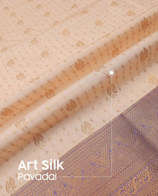 Cream art silk pavadai material, zari buttas with contrast traditional zari bordered skirt, and a contrast bordered blouse