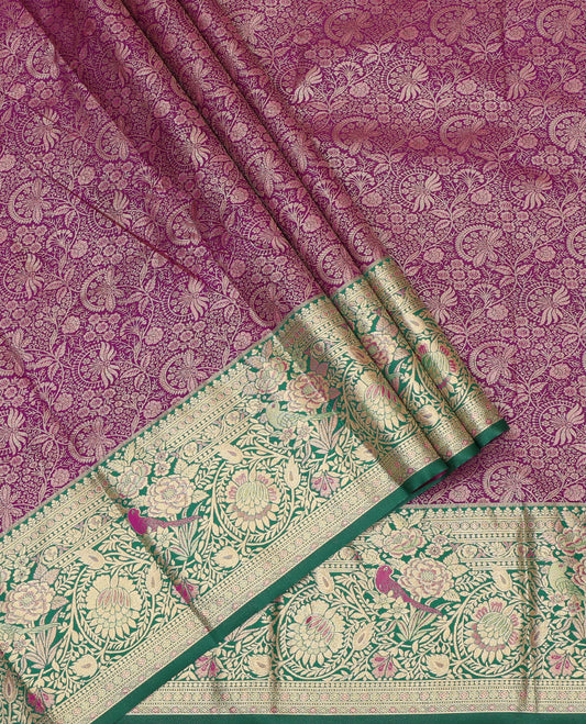 Purple Art Silk Pavadai Material, Highlighted by Jacquard Design, Contrast Floral-Bird Zari Design Border, and a Contrast Blouse