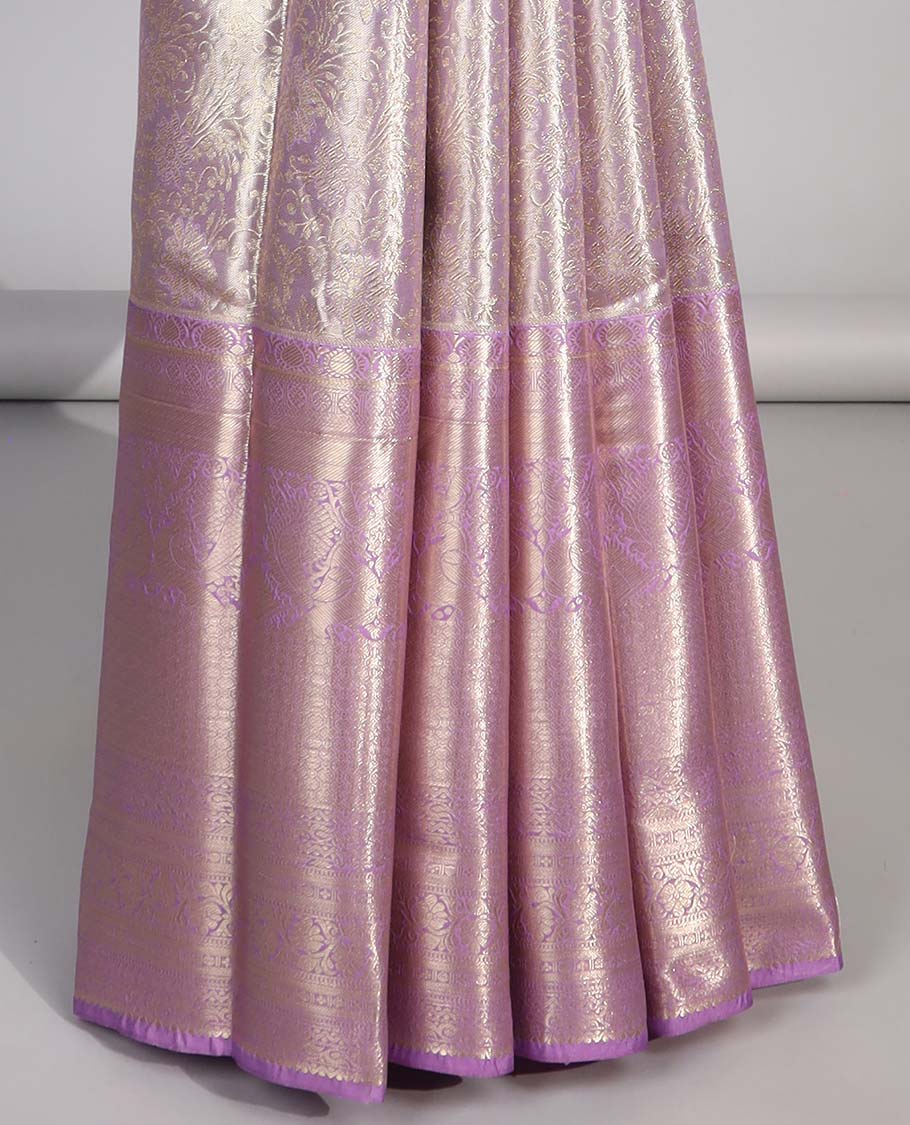Lavender floral jacquard budget silk saree with contrast floral zari border & pallu of jaal design