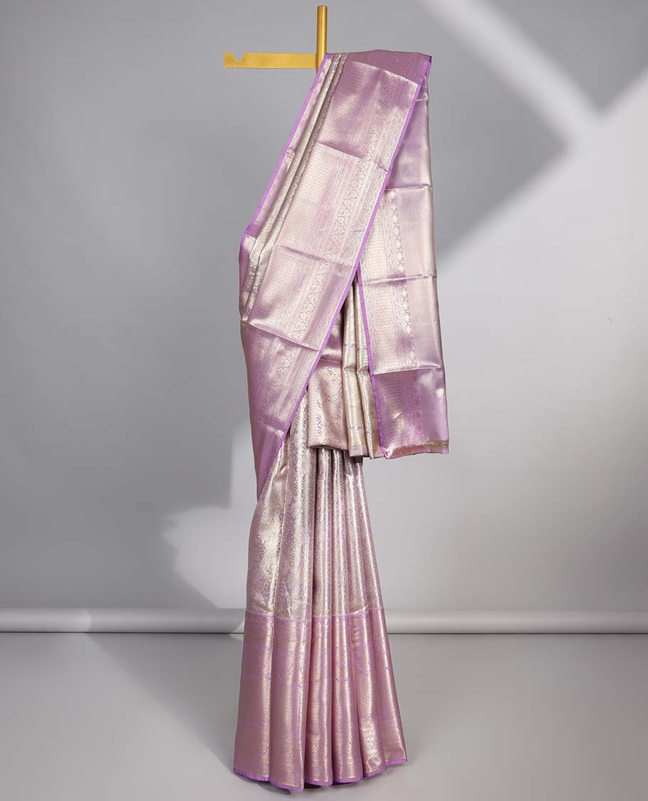Lavender floral jacquard budget silk saree with contrast floral zari border & pallu of jaal design