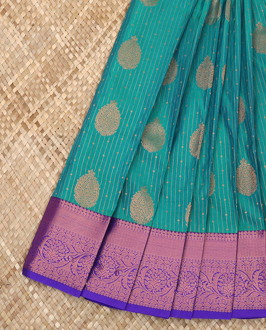Green Budget Silk Saree Ornamented with Zari Designs, Highlighted by a Contrast Traditional Zari-Design Border, Pallu Steeped with Paisley Designs, and Paired with a Contrast Blouse