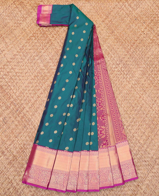 Blue Budget Silk Saree, Adorned with Flower Zari Buttas All Over Its Body, Complemented by a Contrast Traditional Zari Border of Peacock and Elephant Designs, Mughal-Style, Intricately Designed Pallu, and Paired with a Contrast Blouse