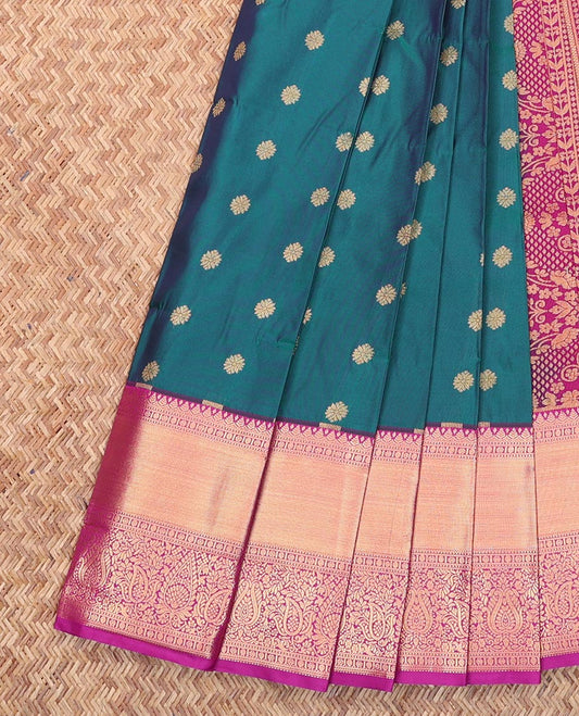 Blue Budget Silk Saree, Adorned with Flower Zari Buttas All Over Its Body, Complemented by a Contrast Traditional Zari Border of Peacock and Elephant Designs, Mughal-Style, Intricately Designed Pallu, and Paired with a Contrast Blouse