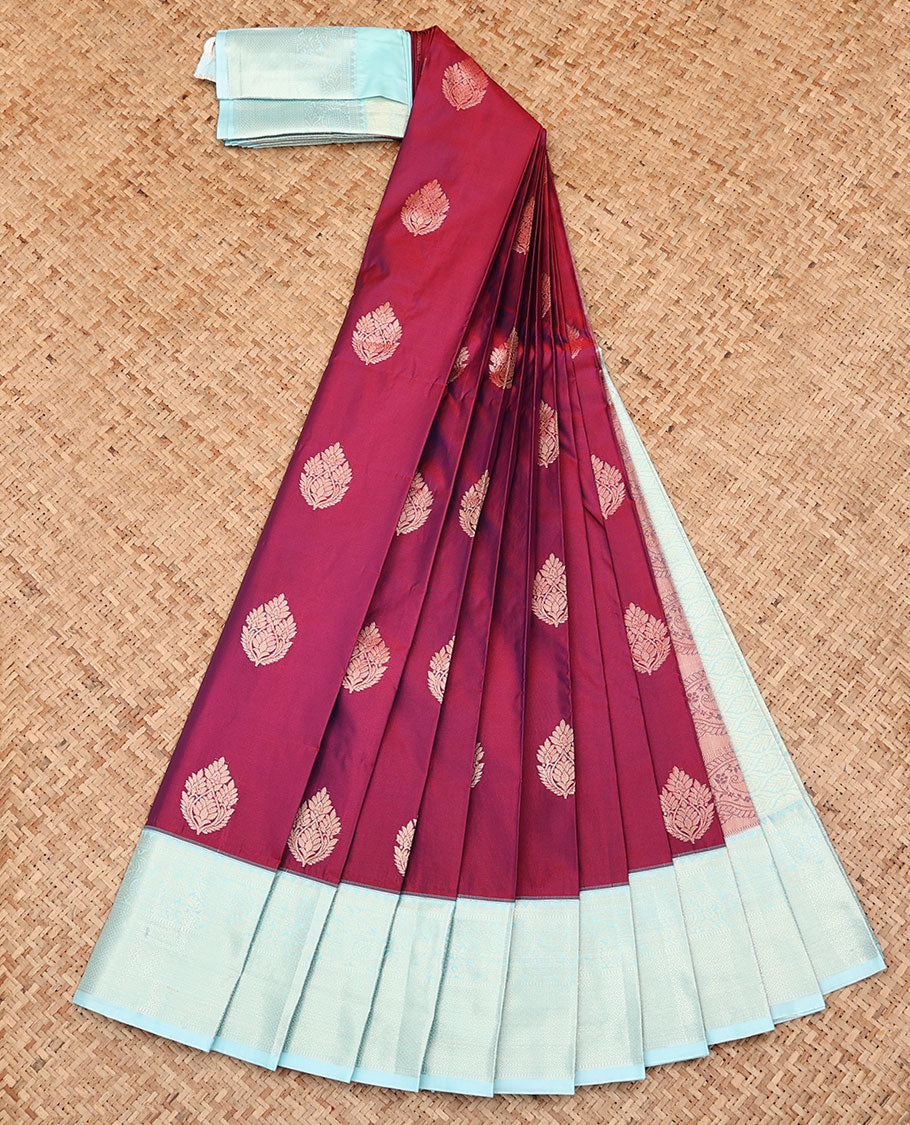 Wine Budget Silk Saree, Decked Up with Zari Buttas All Over Its Body, Complemented by a Contrast Traditional Zari Design Border, Sparsely Woven Jaal Pallu, and Paired with a Contrast Blouse