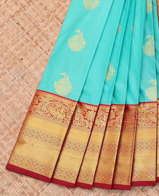 Blue Budget Silk Saree, Enthralled with Zari Buttas on Its Body, Complemented by a Contrast Traditional Zari Design Border, Grand Jaal Pallu, and Paired with a Contrast Blouse