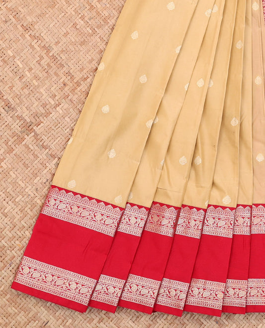 Sandal Budget Silk Saree, Detailed with Buttas All Over Its Body, Complemented by a Contrast Traditional Zari Design Rettai Pettu Border, Grand Pallu, and Paired with a Contrast Blouse
