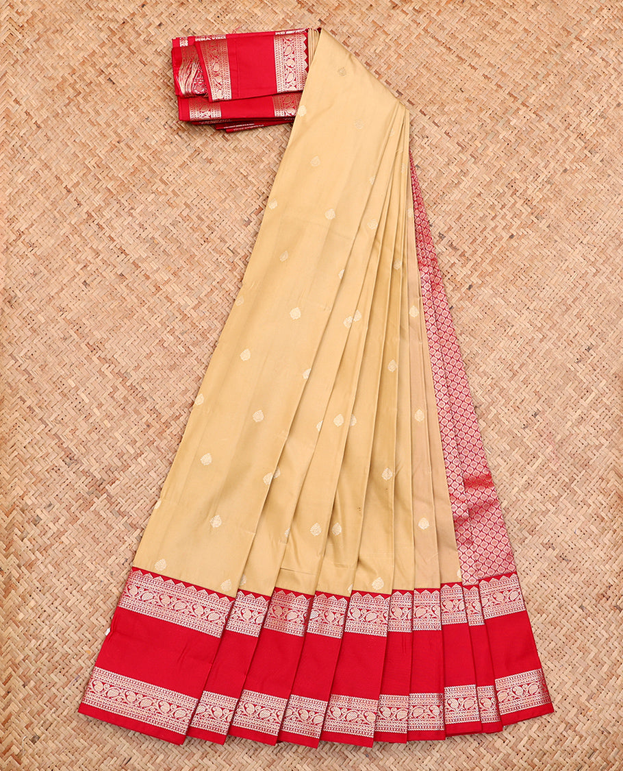Sandal Budget Silk Saree, Detailed with Buttas All Over Its Body, Complemented by a Contrast Traditional Zari Design Rettai Pettu Border, Grand Pallu, and Paired with a Contrast Blouse