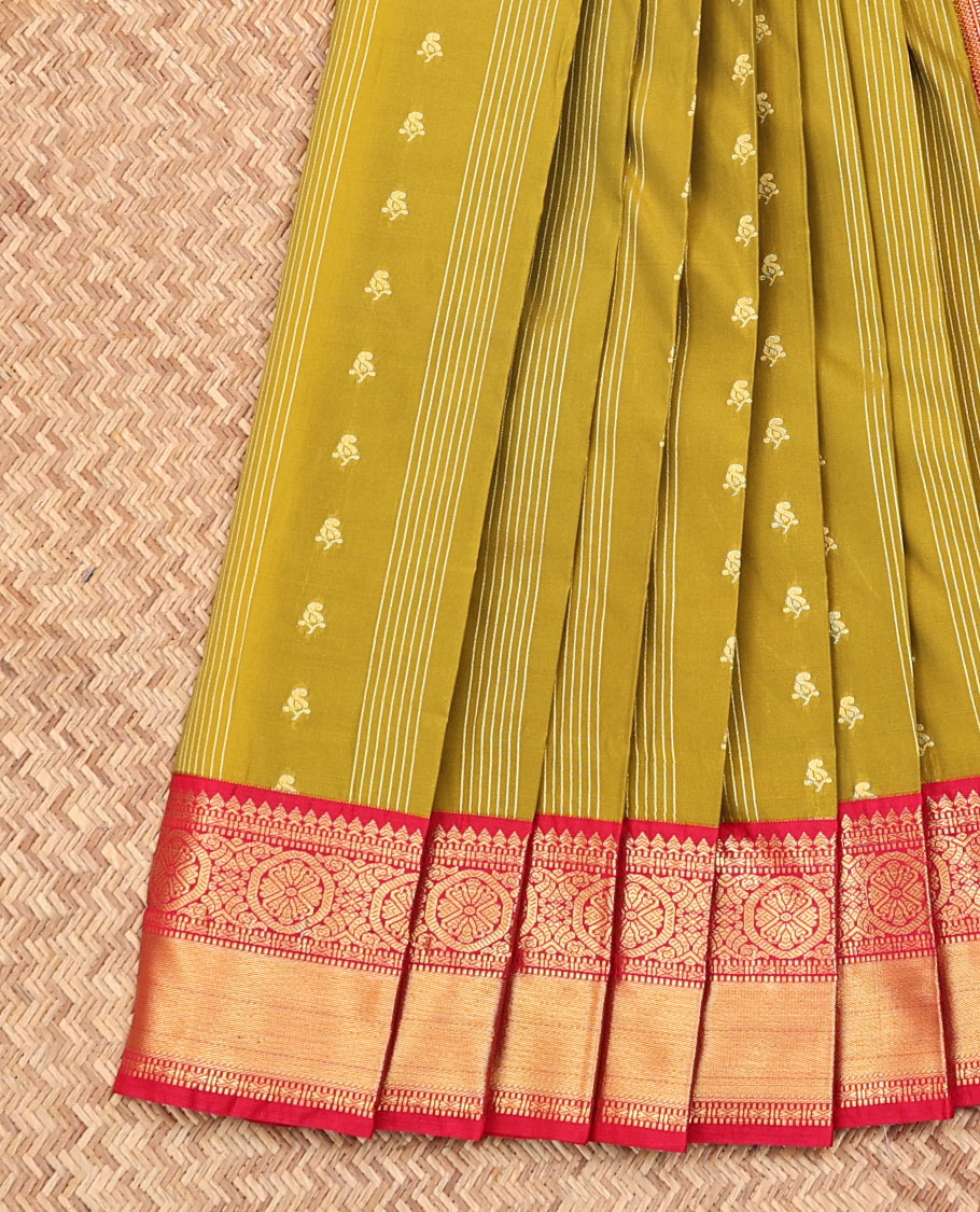Green Budget Silk Saree, Detailed with Zari Buttas and Stripes on Its Body, Complemented by a Contrast Traditional Zari Design Border, Intricately Designed Pallu, and Paired with a Contrast Blouse